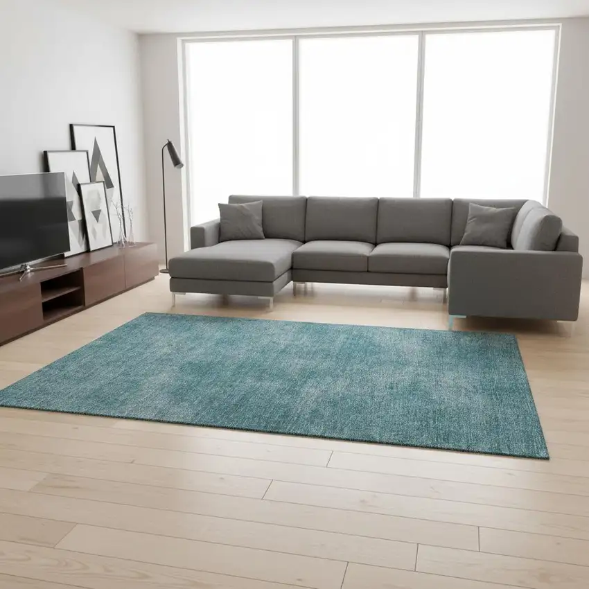 Teal And Aqua Abstract Washable Area Rug With UV Protection Photo 2