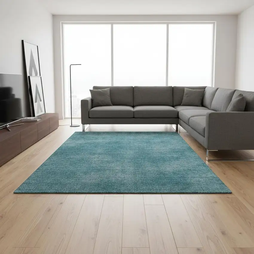 Teal And Aqua Abstract Washable Area Rug With UV Protection Photo 2