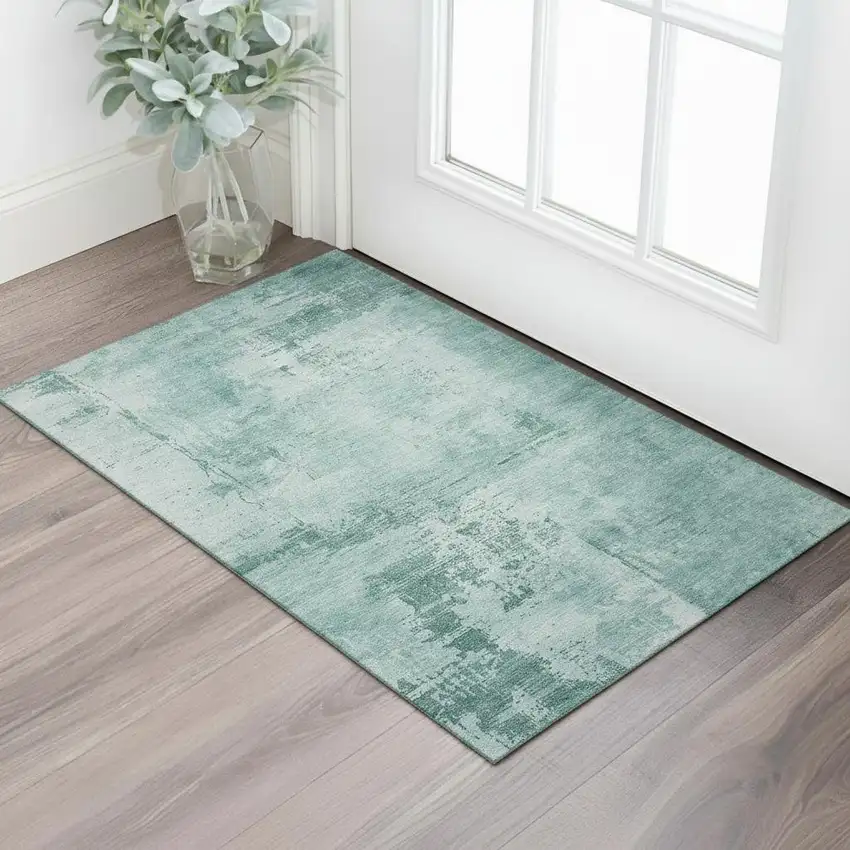 Teal And Aqua Abstract Washable Area Rug With UV Protection Photo 2