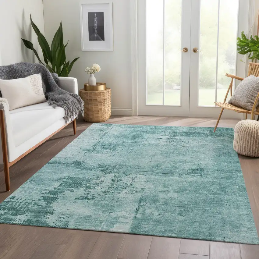 Teal And Aqua Abstract Washable Area Rug With UV Protection Photo 6