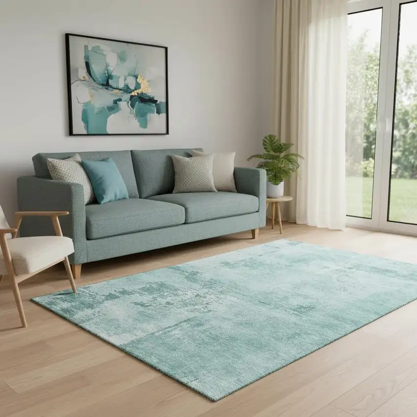Teal And Aqua Abstract Washable Area Rug With UV Protection Photo 2
