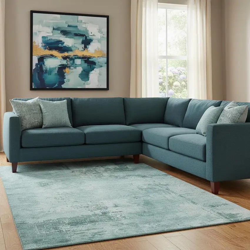 Teal And Aqua Abstract Washable Area Rug With UV Protection Photo 2