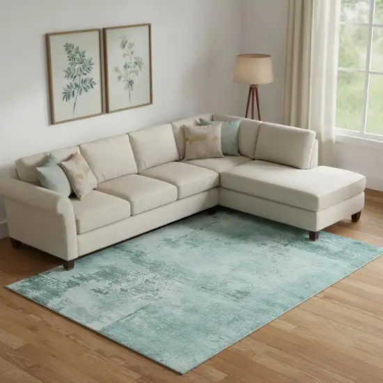 Teal And Aqua Abstract Washable Area Rug With UV Protection Photo 2