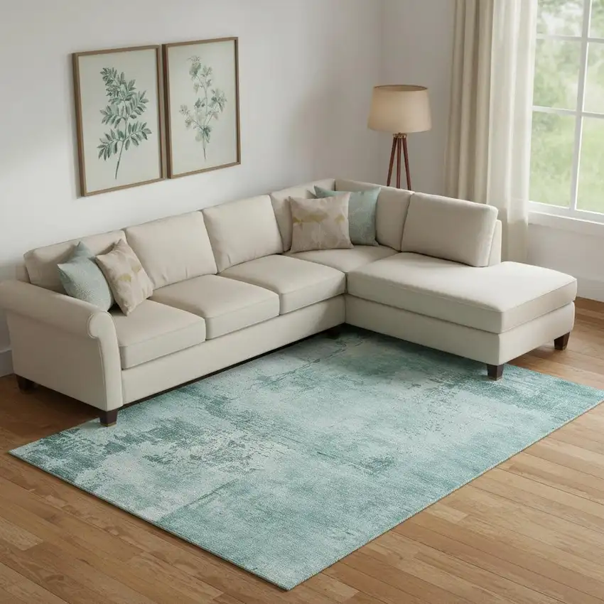 Teal And Aqua Abstract Washable Area Rug With UV Protection Photo 2