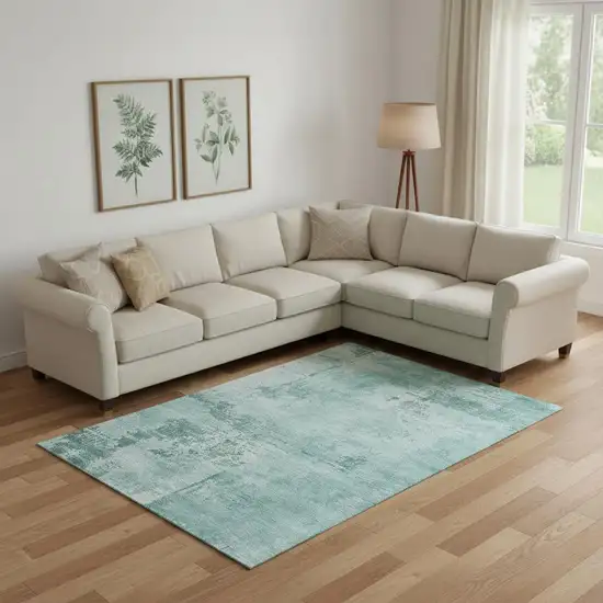 Teal And Aqua Abstract Washable Area Rug With UV Protection Photo 2