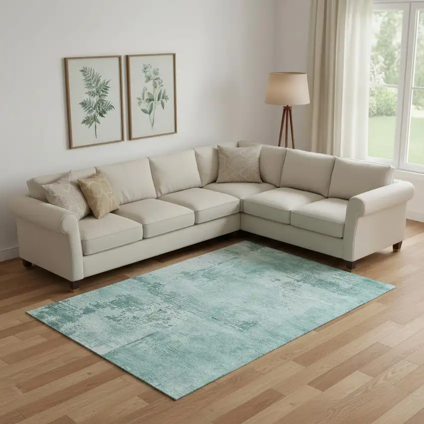 Teal And Aqua Abstract Washable Area Rug With UV Protection Photo 2