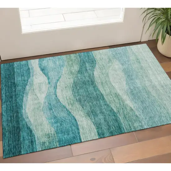 Teal And Aqua Abstract Washable Area Rug With UV Protection Photo 1