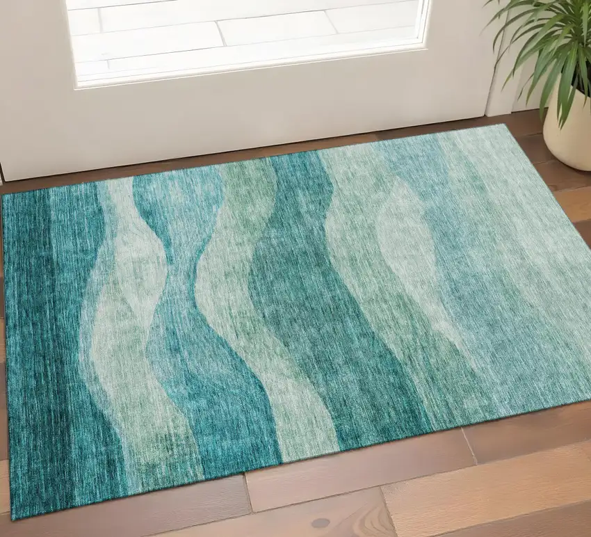 Teal And Aqua Abstract Washable Area Rug With UV Protection Photo 1