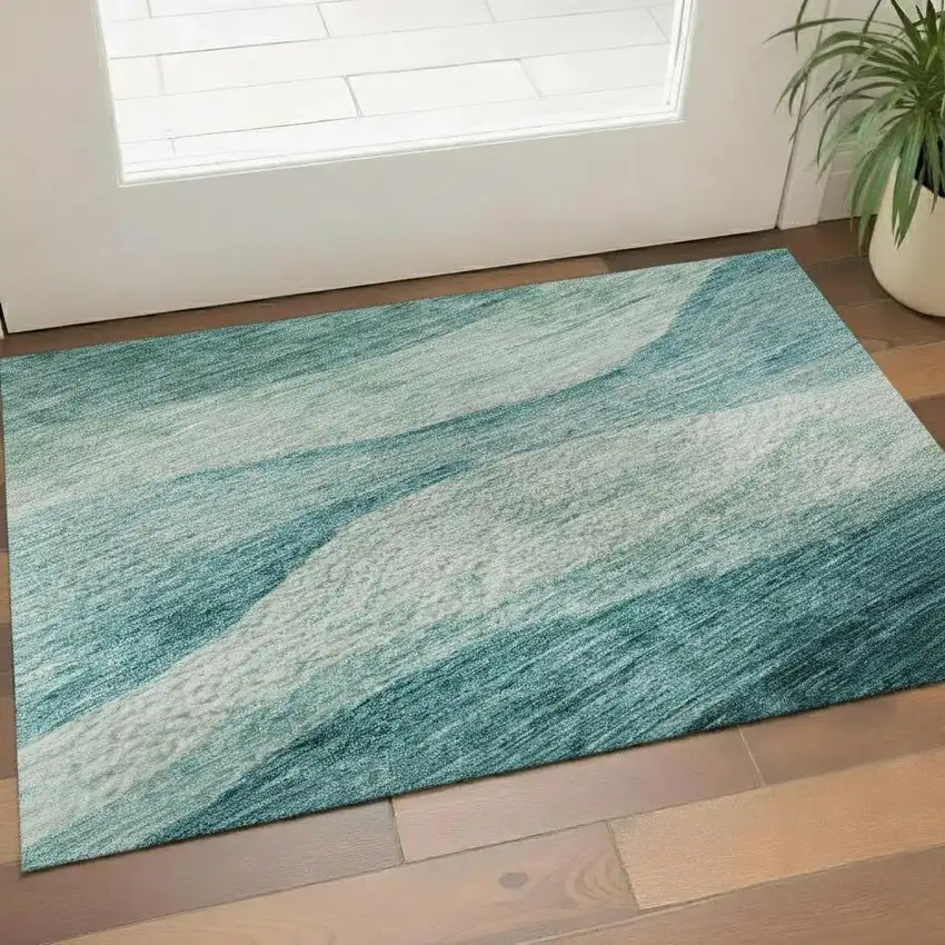 Teal And Aqua Abstract Washable Area Rug With UV Protection Photo 2