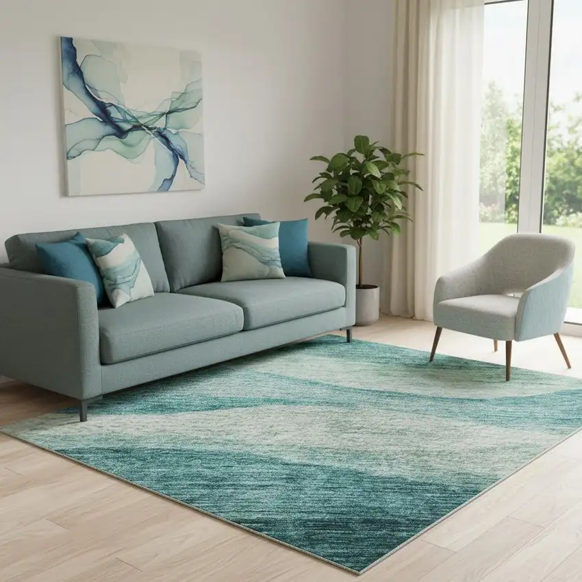 Teal And Aqua Abstract Washable Area Rug With UV Protection Photo 2