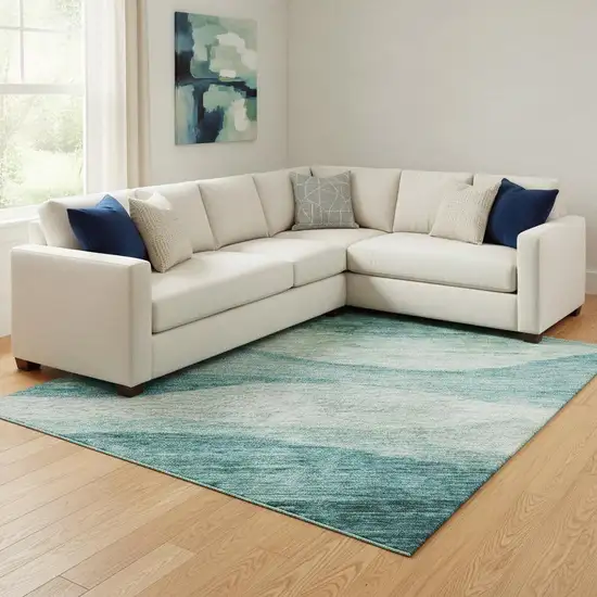 Teal And Aqua Abstract Washable Area Rug With UV Protection Photo 2