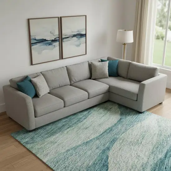 Teal And Aqua Abstract Washable Area Rug With UV Protection Photo 2