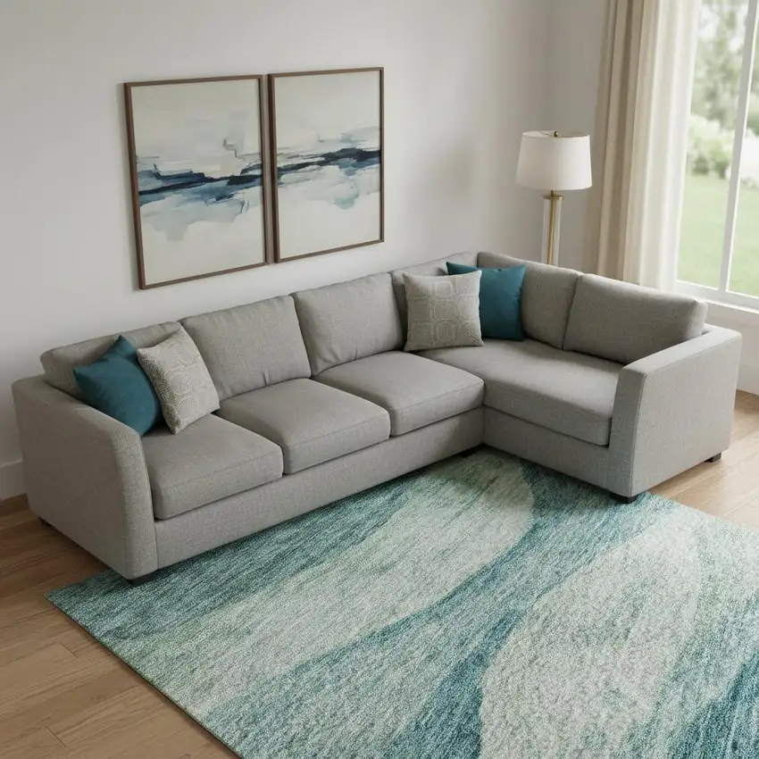 Teal And Aqua Abstract Washable Area Rug With UV Protection Photo 2