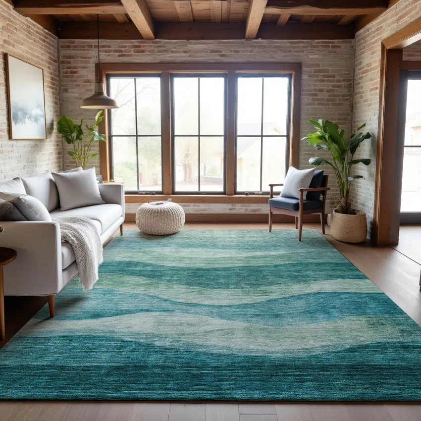 Teal And Aqua Abstract Washable Area Rug With UV Protection Photo 4