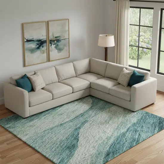Teal And Aqua Abstract Washable Area Rug With UV Protection Photo 2