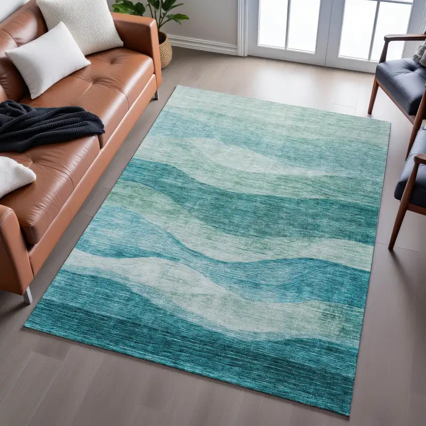 Teal And Aqua Abstract Washable Area Rug With UV Protection Photo 4