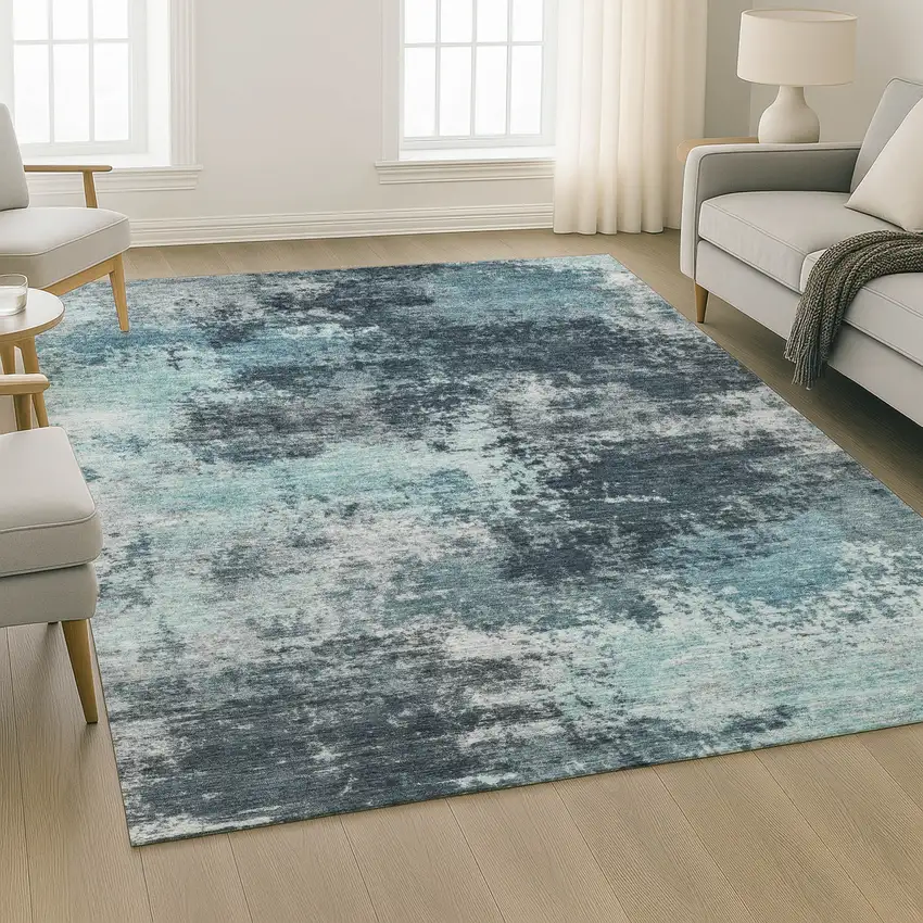 Teal And Aqua Abstract Washable Area Rug With UV Protection Photo 6