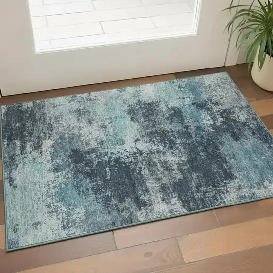 Teal And Aqua Abstract Washable Area Rug With UV Protection Photo 2