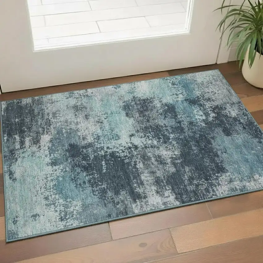 Teal And Aqua Abstract Washable Area Rug With UV Protection Photo 2