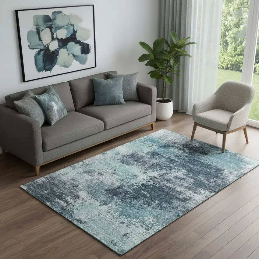 Teal And Aqua Abstract Washable Area Rug With UV Protection Photo 2