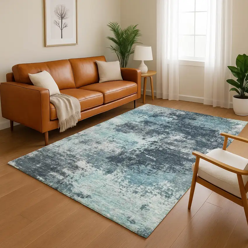 Teal And Aqua Abstract Washable Area Rug With UV Protection Photo 5