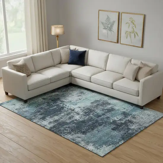 Teal And Aqua Abstract Washable Area Rug With UV Protection Photo 2