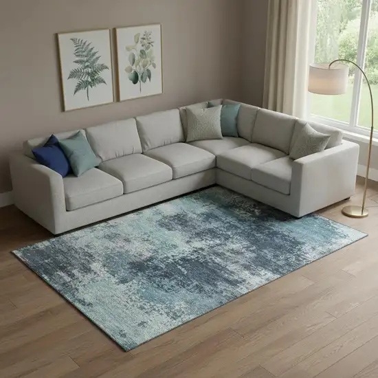 Teal And Aqua Abstract Washable Area Rug With UV Protection Photo 2
