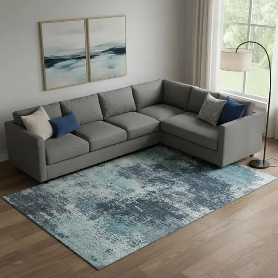 Teal And Aqua Abstract Washable Area Rug With UV Protection Photo 2