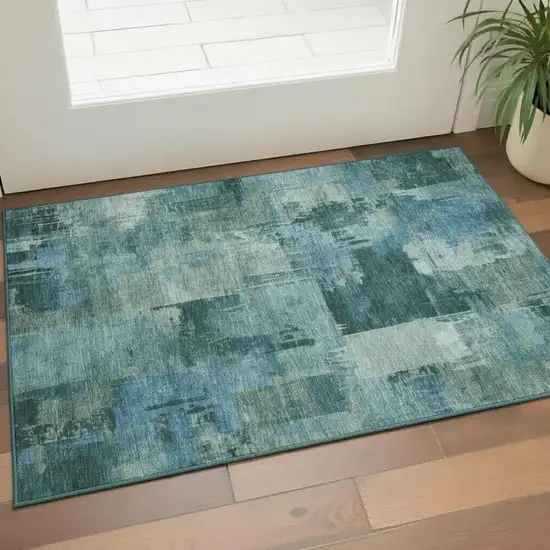 Teal And Aqua Abstract Washable Area Rug With UV Protection Photo 2