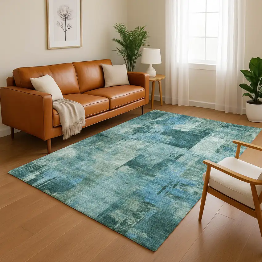 Teal And Aqua Abstract Washable Area Rug With UV Protection Photo 5