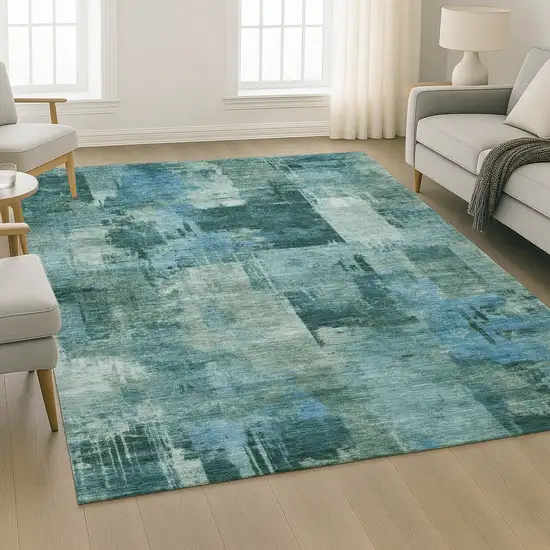 Teal And Aqua Abstract Washable Area Rug With UV Protection Photo 6