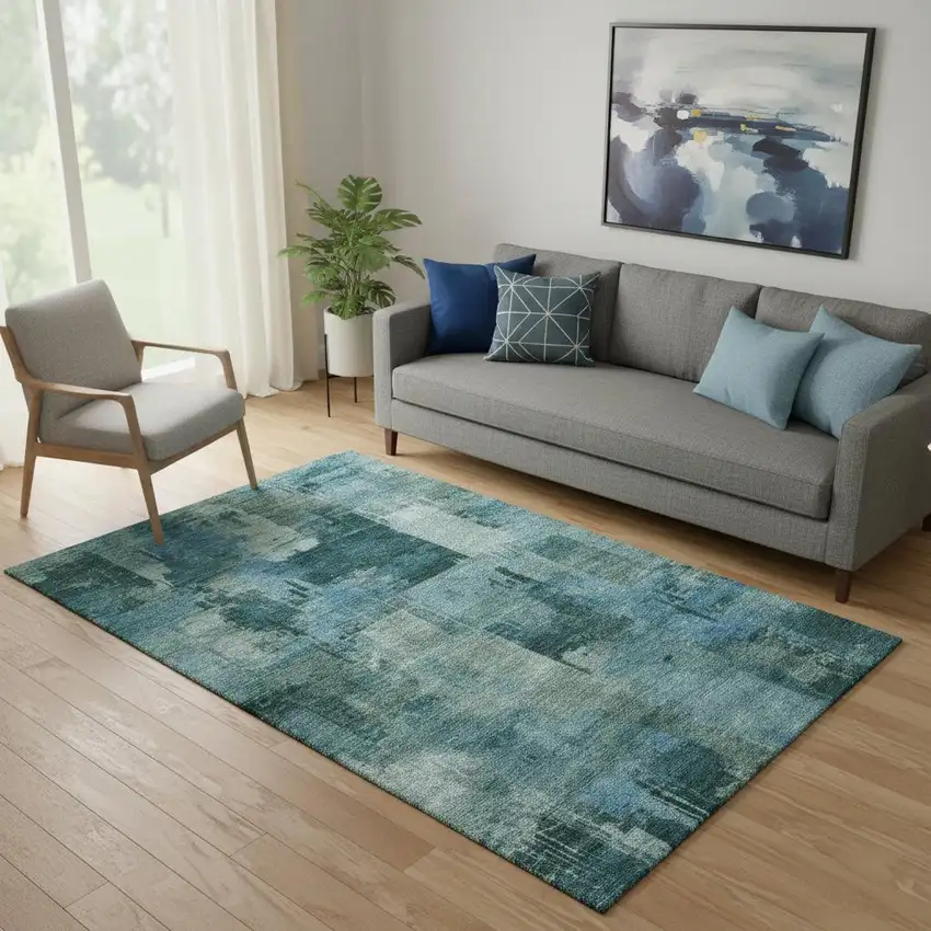Teal And Aqua Abstract Washable Area Rug With UV Protection Photo 2