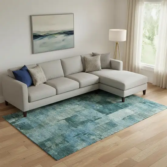 Teal And Aqua Abstract Washable Area Rug With UV Protection Photo 2