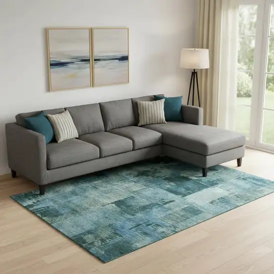 Teal And Aqua Abstract Washable Area Rug With UV Protection Photo 2