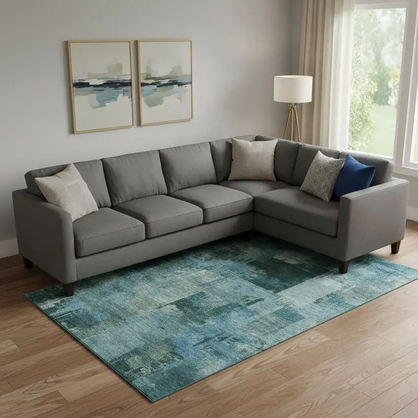 Teal And Aqua Abstract Washable Area Rug With UV Protection Photo 2