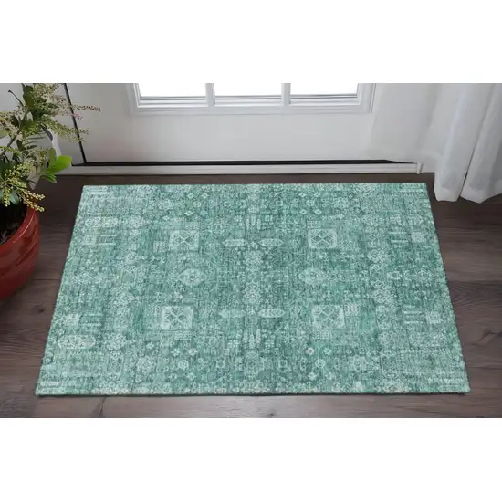 Teal And Aqua Floral Washable Area Rug With UV Protection Photo 2