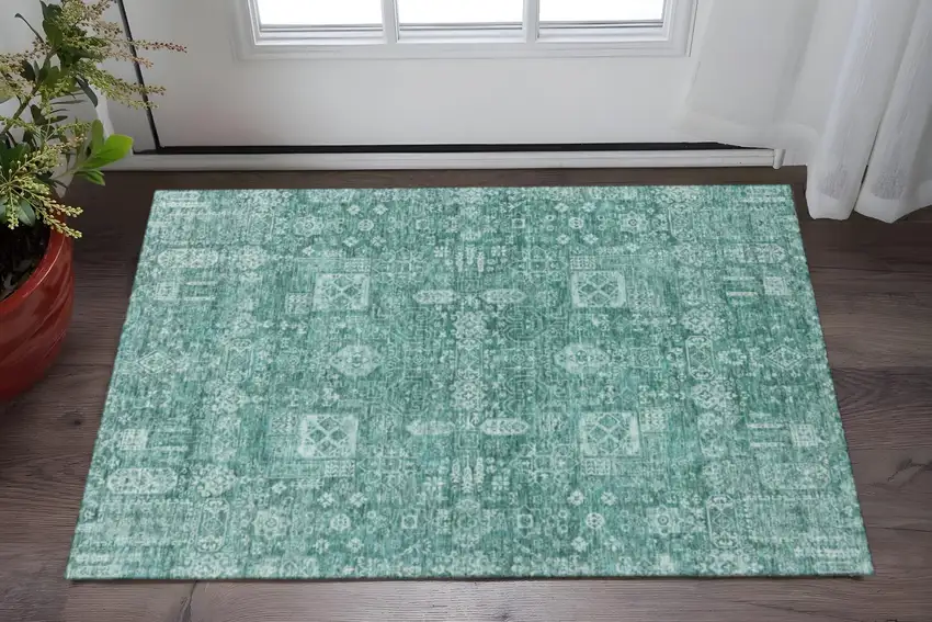Teal And Aqua Floral Washable Area Rug With UV Protection Photo 2