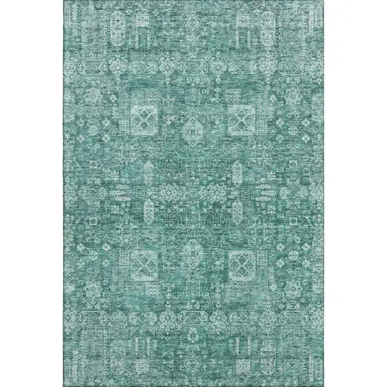 Teal And Aqua Floral Washable Area Rug With UV Protection Photo 1