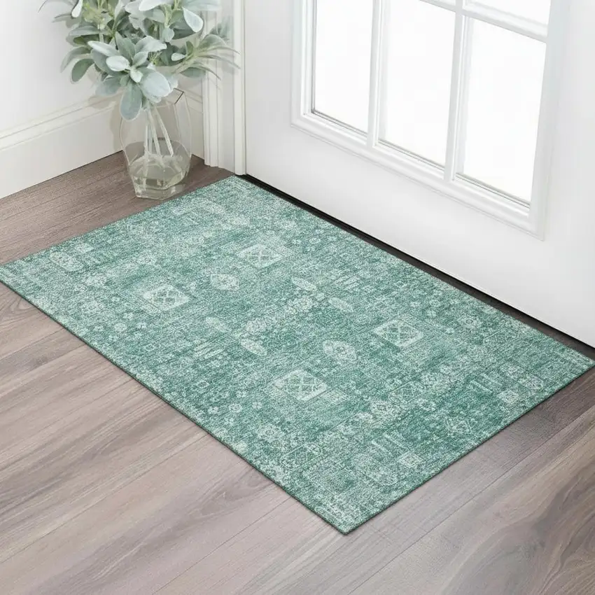 Teal And Aqua Floral Washable Area Rug With UV Protection Photo 1