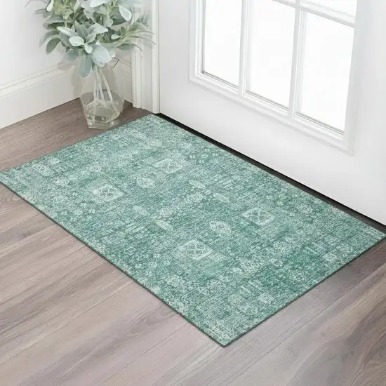 Teal And Aqua Floral Washable Area Rug With UV Protection Photo 1