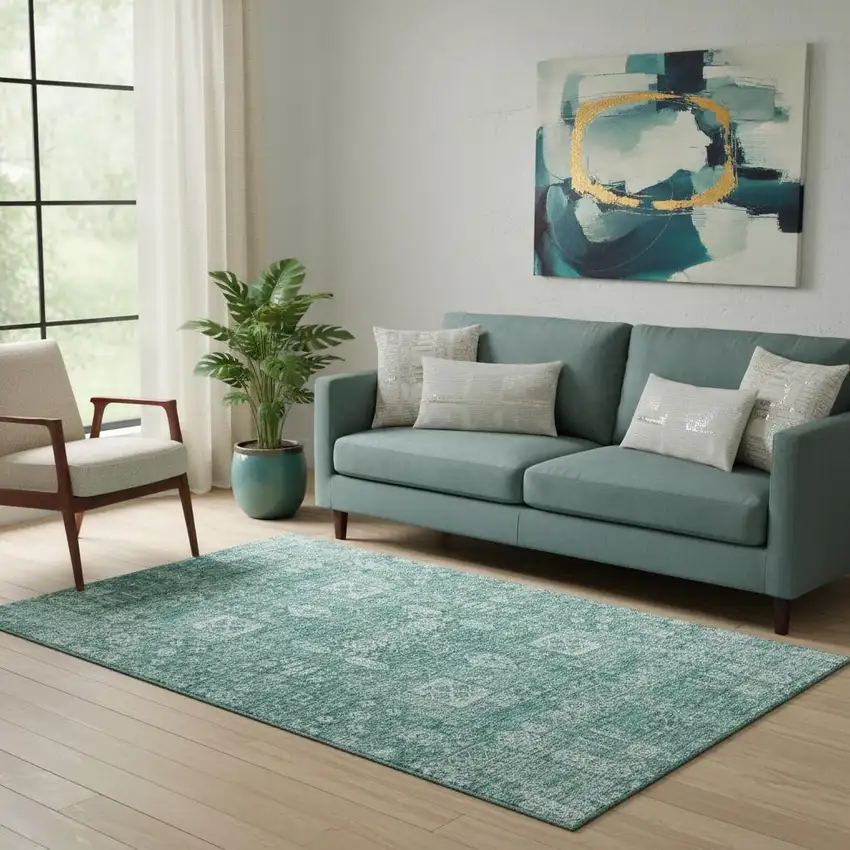 Teal And Aqua Floral Washable Area Rug With UV Protection Photo 1