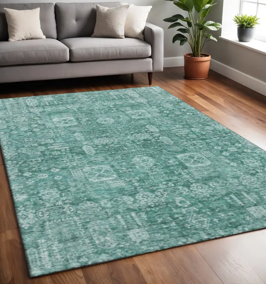 Teal And Aqua Floral Washable Area Rug With UV Protection Photo 2