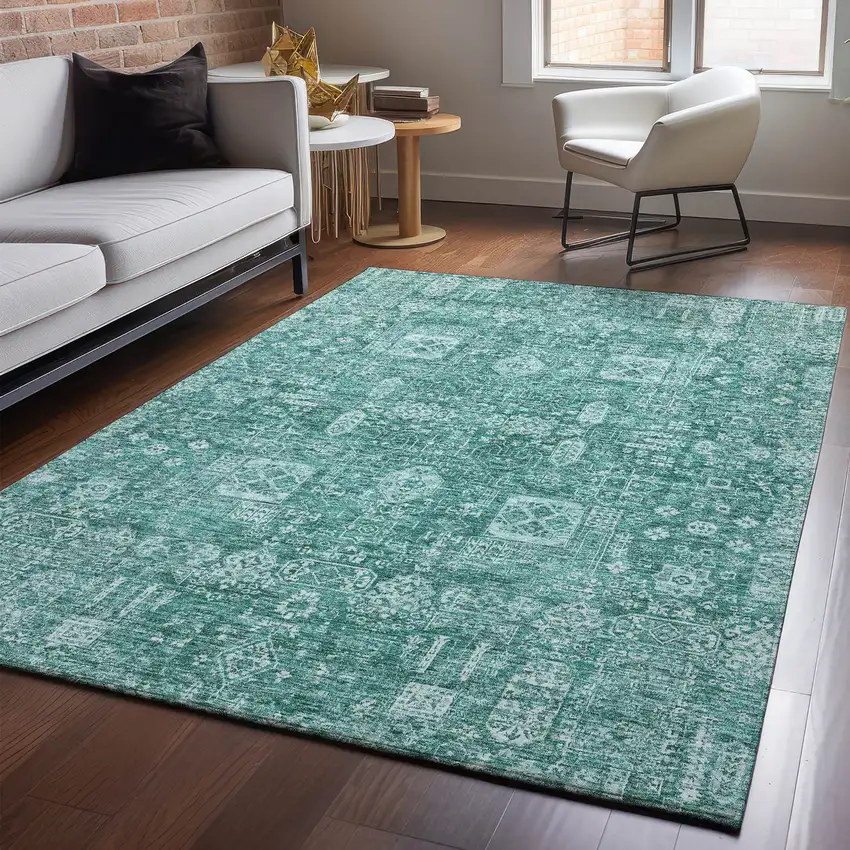 Teal And Aqua Floral Washable Area Rug With UV Protection Photo 4