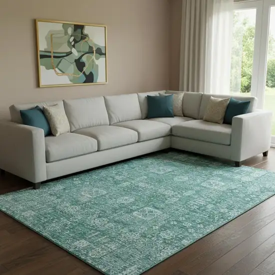 Teal And Aqua Floral Washable Area Rug With UV Protection Photo 1