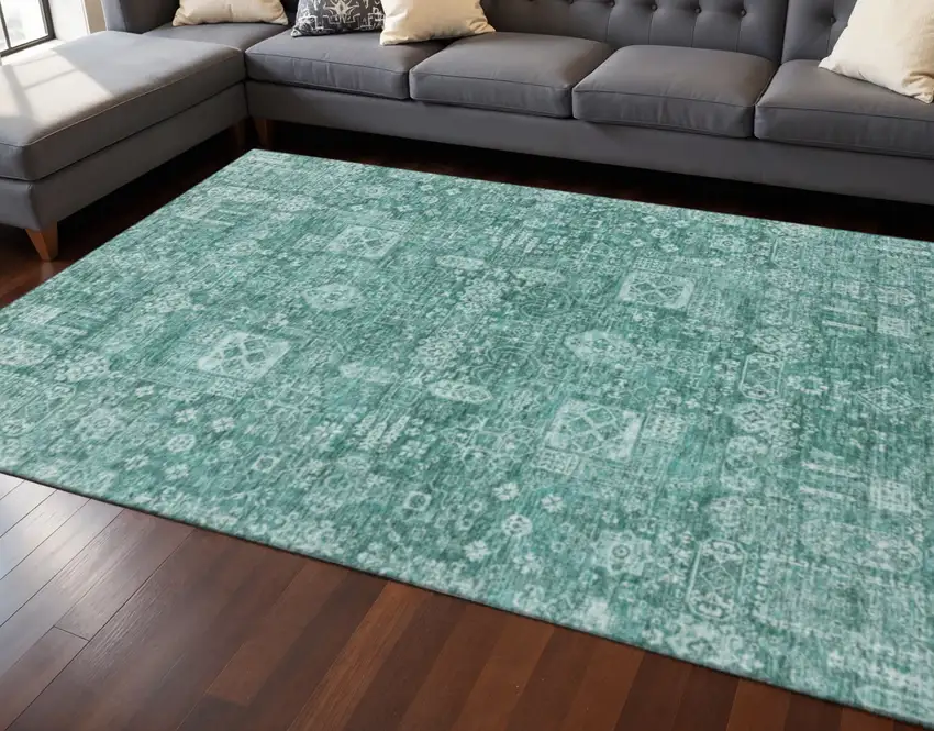 Teal And Aqua Floral Washable Area Rug With UV Protection Photo 2