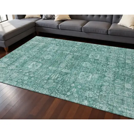 Teal And Aqua Floral Washable Area Rug With UV Protection Photo 2