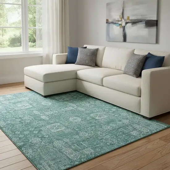 Teal And Aqua Floral Washable Area Rug With UV Protection Photo 1
