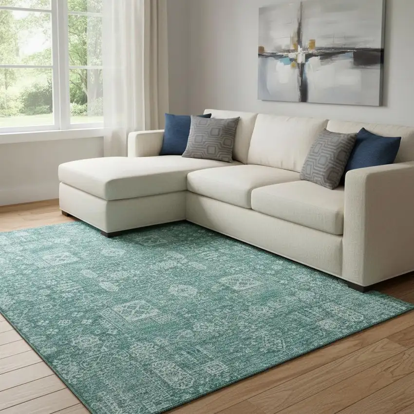 Teal And Aqua Floral Washable Area Rug With UV Protection Photo 1