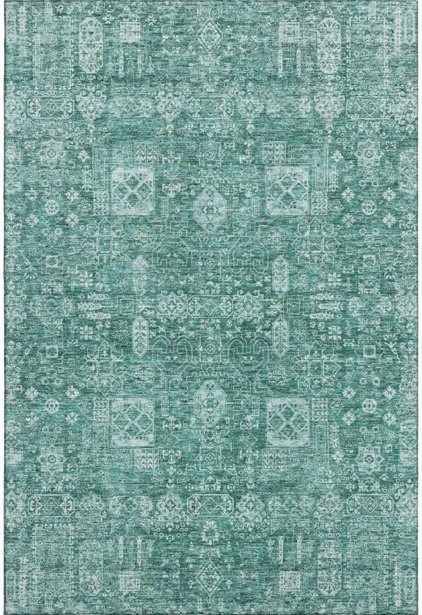 Teal And Aqua Floral Washable Area Rug With UV Protection Photo 1