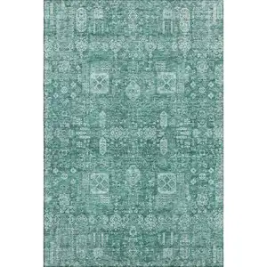 Photo of Teal And Aqua Floral Washable Area Rug With UV Protection